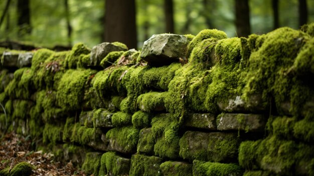 Mosbedekte stenen muur in een park