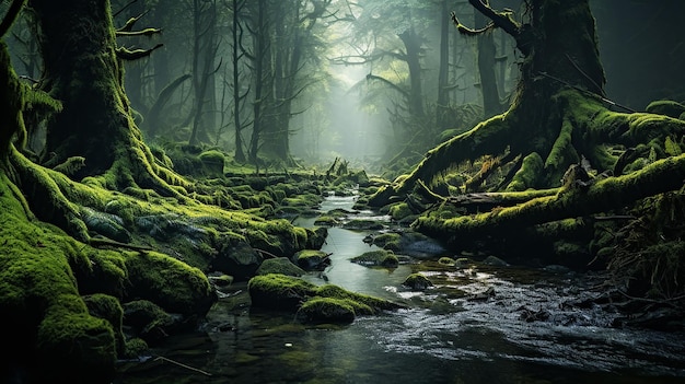 Mosbos met omgevallen bomen diep in een mystiek bosland