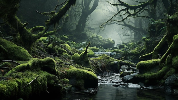 Mosbos met omgevallen bomen diep in een mystiek bosland