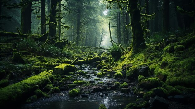 Mosbos met omgevallen bomen diep in een mystiek bosland