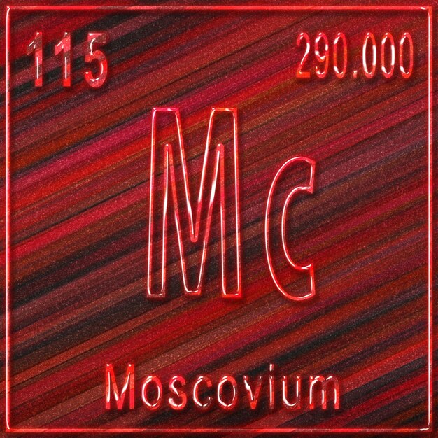 Moscovium scheikundig element, bord met atoomnummer en atoomgewicht, periodiek systeemelement