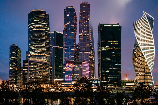 Moscow city towers in the night time. Business buildings. City view. Famous touristic place in Russia. 