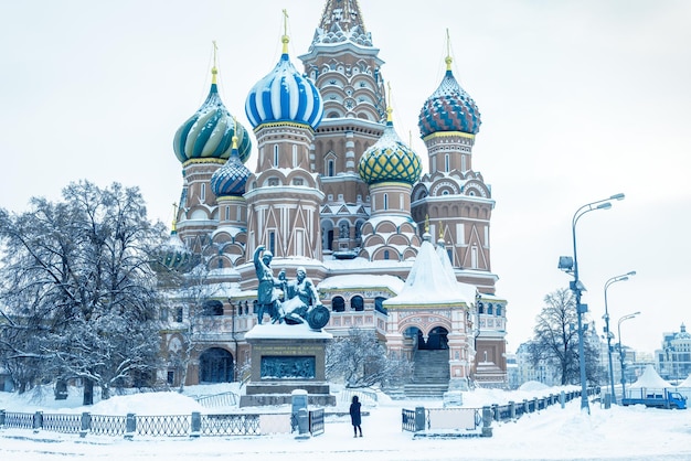 Moscow in cold winter Russia St Basils cathedral on Red Square during snowfall