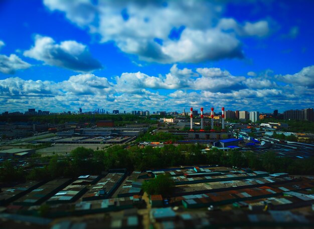 Moscow industrial chimneys during summertime bokeh