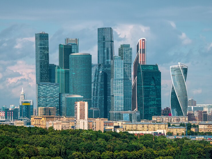 Московский международный деловой центр в солнечный день. Деловой район города.