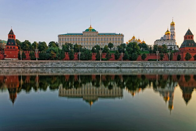 Moscow Kremlin frontal view and reflection in the river