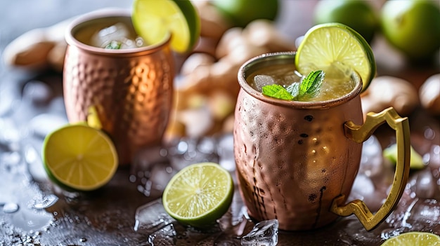 モスクワ・ミュール・カクテル (Moscow Mule Cocktail) はジンジャー・ビールとライム (ginger beer and lime) を配った銅製のカップで提供されるアルコール・グラス・バー・クラブ・クオリティ・ドリンク・カクテルの1つで人々が香りのある飲み物を楽しむ友達の会社コンセプトAIによって生成される