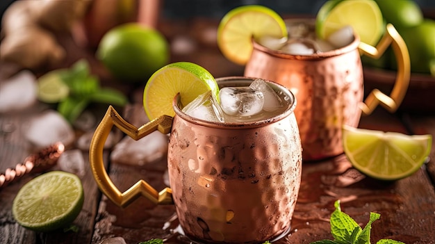 Moscow mule cocktail served in a copper mug with ginger beer and lime Alcohol glass bar club quality drink cocktail People enjoy aromatic drinks company of friends concept Generative by AI