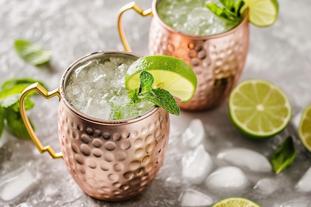 Moscow mule cocktail with fresh lime and mint in copper mug