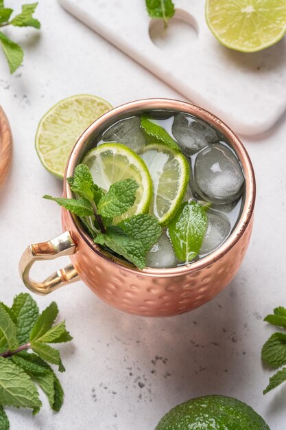 Moscow mule cocktail with lime and mint