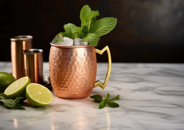 A Moscow Mule on a marble countertop emphasizing its elegance and style