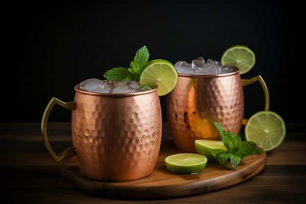 Moscow Mule Two copper mules with limes on a wooden board with a black background