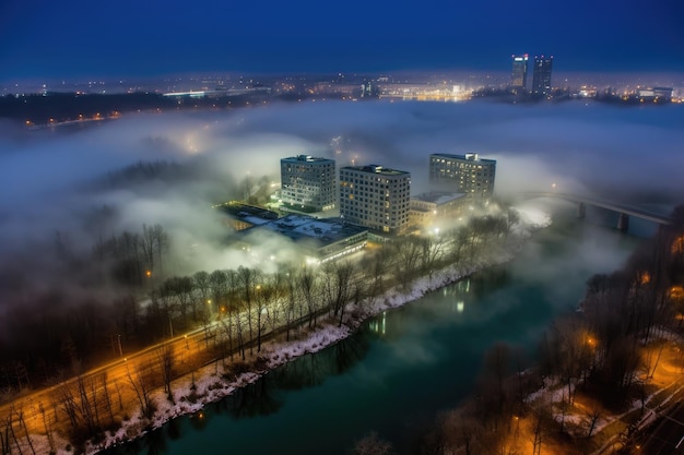 美しい風景と霧のある夜のモスクワ、ロシアの睡眠エリアゼレノグラード