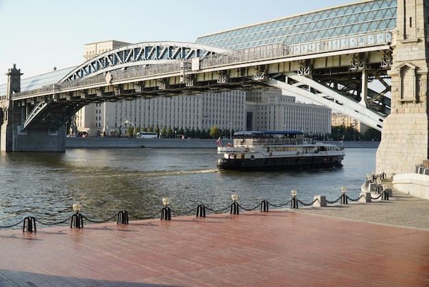 Moscow Russia August 28 2022 Andreevsky railway bridge across the Moscow River