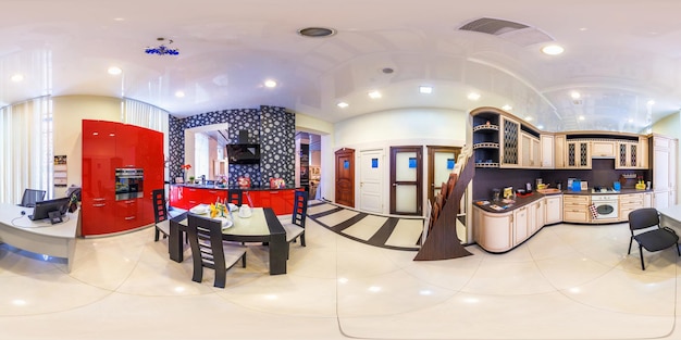 MOSCOW RUSSIA FEBRUARY 2013 Full spherical seamless panorama 360 angle view in interior modern kitchen furniture store showroom in equirectangular equidistant projection VR content