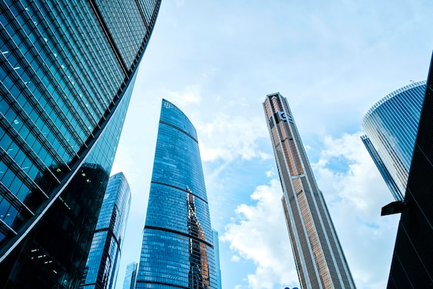 Moscow russia glass skyscrapers of moscow cityview from bottom to top