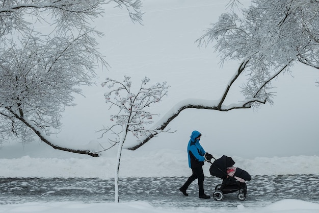 モスクワ、ロシア-2021年1月14日：乳母車を持った少女が雪に覆われたナナカマドの木を通り過ぎて小道を歩きます。