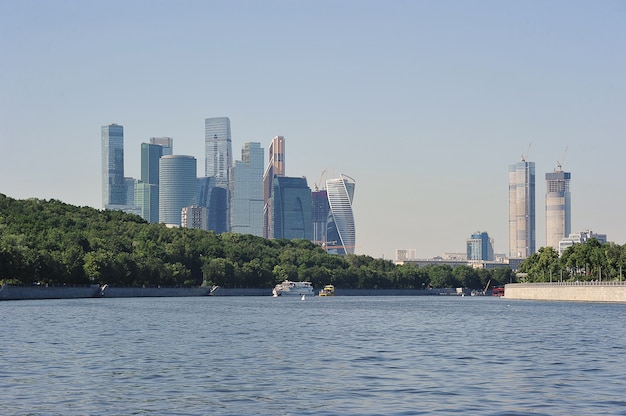 MOSCOW, RUSSIA - June 19, 2021: view of the business center of Moscow city from Vorobyevskaya embankment in Moscow