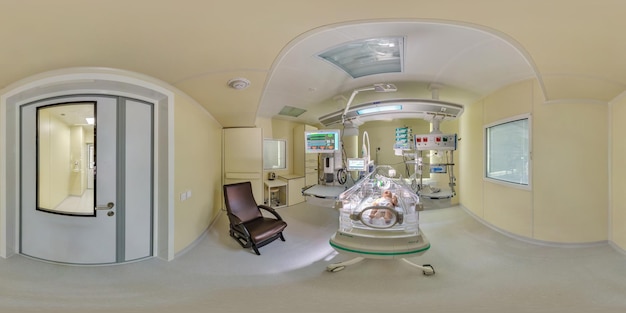 MOSCOW RUSSIA JUNE 2022 full hdri 360 panorama near infant incubator box in maternity ward of medical center hospital with modern equipment in dentistry clinic in equirectangular projection