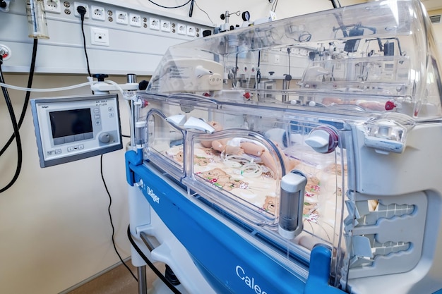 MOSCOW RUSSIA MARCH 2022 infant incubator box in modern maternity ward of medical center hospital