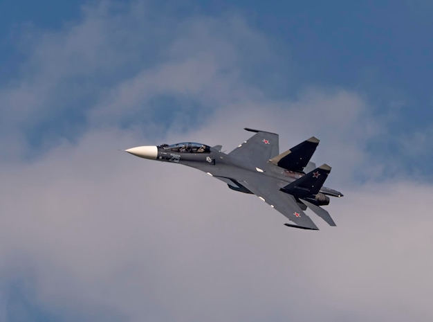 Moscow Russia Zhukovsky Airfield 31 August 2019 aerobatic Su30 perfoming demonstration flight of the international aerospace salon MAKS2019