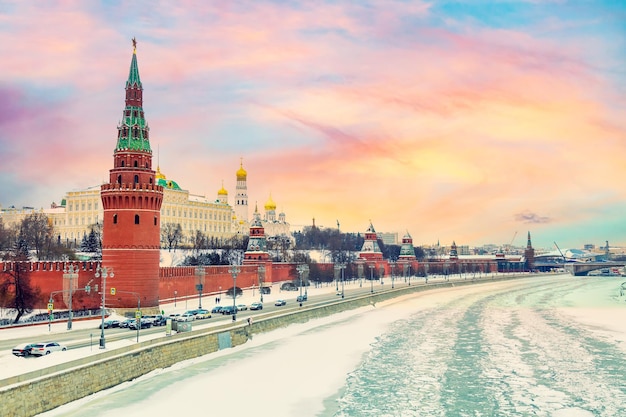 Moscow winter cityscape. View of the Kremlin with the Moscow River in winter during colorful amazing sunset.