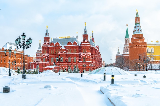 Moscow in winter Russia Snowy Manezhnaya Square overlooking Moscow Kremlin top landmark of city