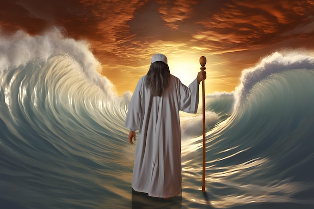 Photo moses dividing the red sea in exodus