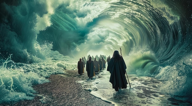 Photo moses leads the exodus of the israelites and jews out of egypt and across the red sea