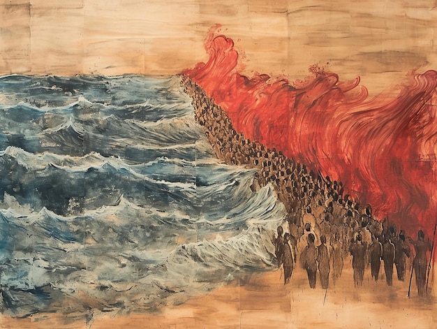 Моисей, разделяющий Красное море, драматический исход, картина тушью