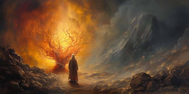 Moses with the burning bush Sinai old Testament and jewish Torah Book of Exodus religion