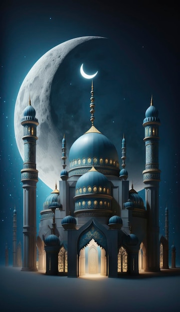 Moskee en maan op blauwe achtergrond 3D render en illustratie Genereer Ai