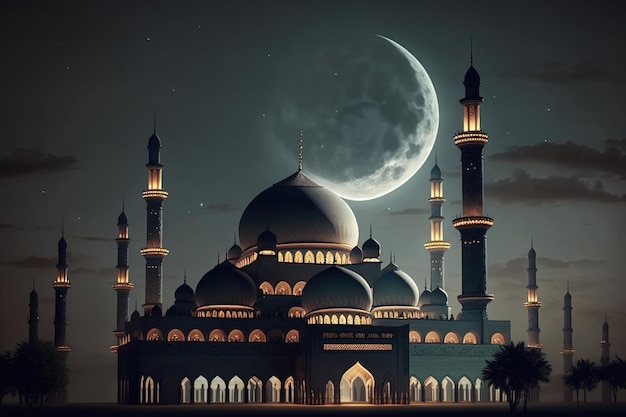 moskee in een maanverlichte nacht