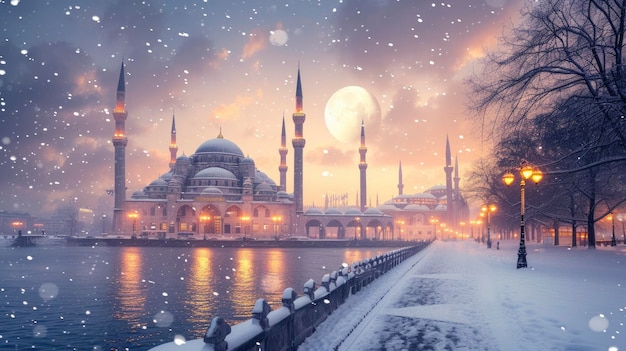 Moskee in het hart van de stad versierd met betoverende lichten te midden van een besneeuwd wonderland onder een m