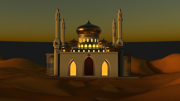 Moskee in het midden van de scène van de woestijnzonsondergang