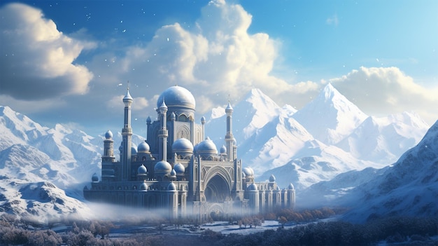 Moskee met een besneeuwde bergtop achtergrond Generatieve AI