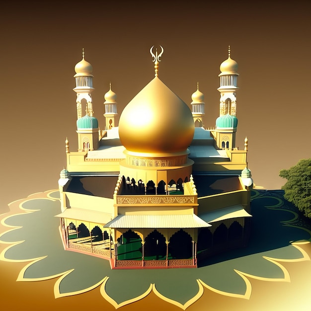 Moskee met gouden koepels in de tuin Generatieve AI
