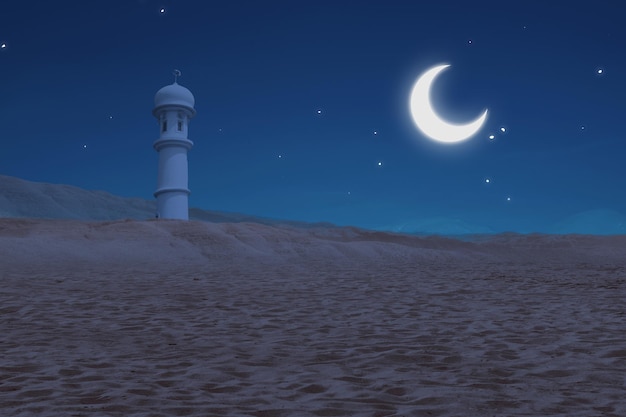 Moskee minaret op de woestijn met de achtergrond van de nachtscène