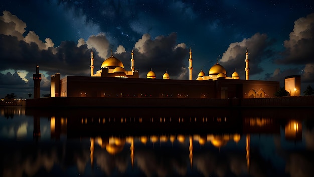 Moskee op Ramadan Eid-achtergrond Prachtig nachtzicht op sterrenmaan Verbazingwekkende islamitische architectuur AI