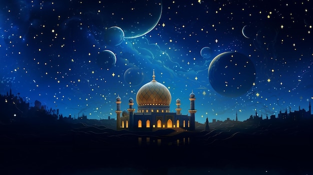 Moskee 's nachts banner voor ansichtkaarten voor islamitische feestdagen