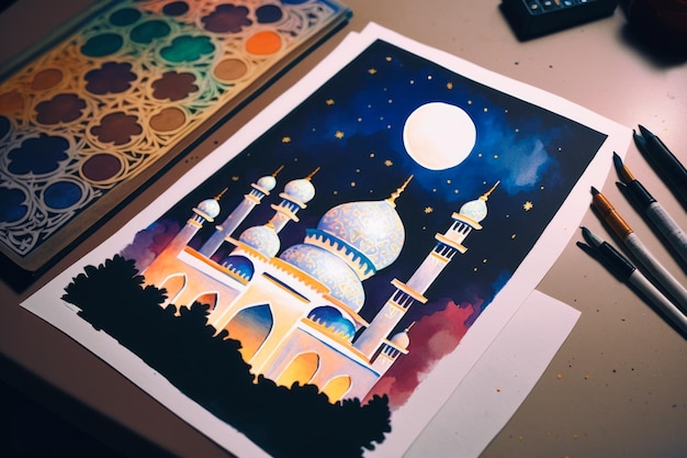 Moskee schilderij hurufiyya vlakke afbeelding Creative AI