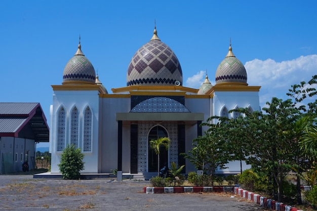 Foto moskeeën en tuinen tegen een blauwe lucht