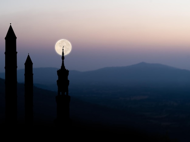 Moskeeën KoepelMaan op zonsondergang Twilight HemelachtergrondIslamitisch nieuwjaar MuharramIslamitische godsdienstsymbolen Ramadan en ArabischEid alAdhaEid alfitrMubarakKareem Holy MuslimMubarak God