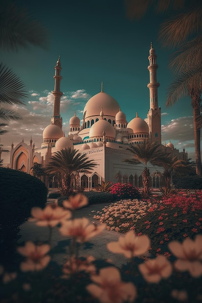Moskeelandschap met heldere en zonsondergang oranje lucht, perfect voor Ramadan-kaartachtergrond
