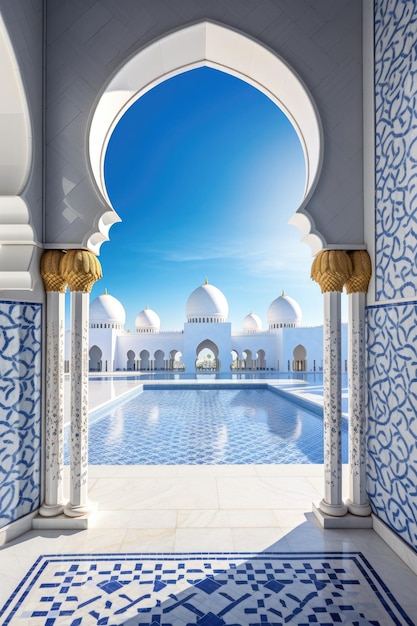 moskeemening met een blauwe hemel en witte tegels Islamitische architectuurachtergrond