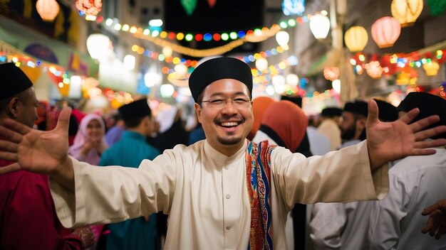 Moslem asian man smiling happy to greeting during ramadan celebration with both arms open