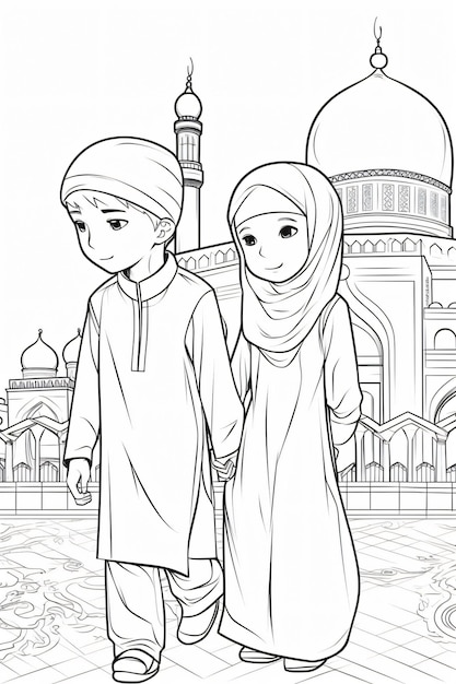 Moslem Boy and Girl heading to mosque lembar mewarnai anak muslim