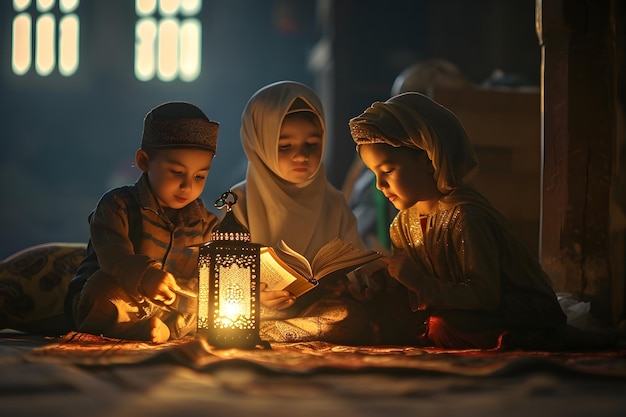 イスラム教徒の子供たちがモスクでコーランを読んでいる