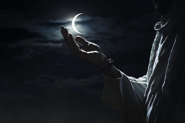 Moslem hand under the moon at night praying