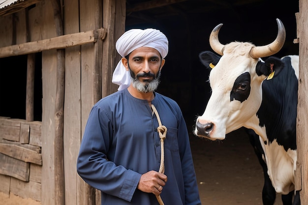 Photo a moslem man with skullcap standing holding the cows bridle in front of the cows stable